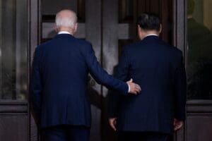 US President Joe Biden and Chinese President Xi Jinping arrive for a meeting during the Asia-Pacific Economic Cooperation (APEC) Leaders' week in Woodside, California on November 15, 2023.