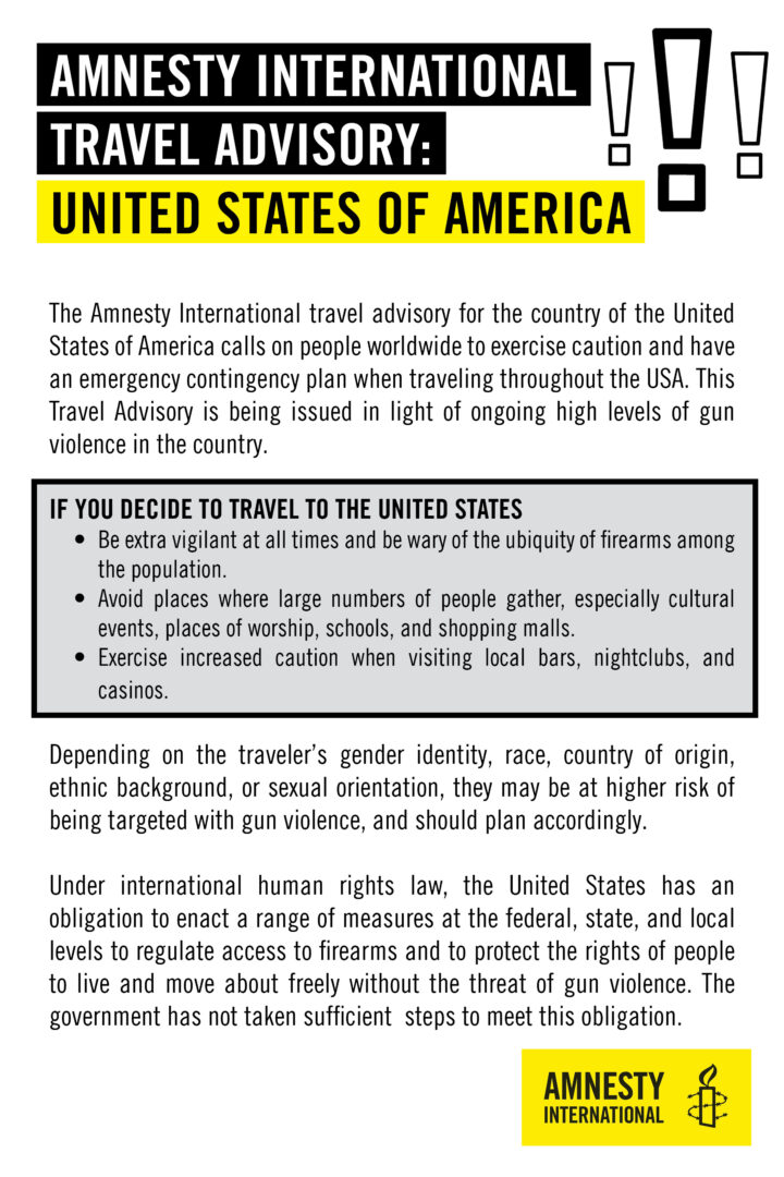 amnesty international travel advisory for united states