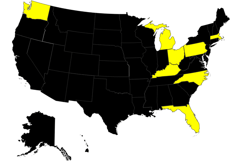 Map of the United States, with highlighted states, mostly in the Eastern part of the US.