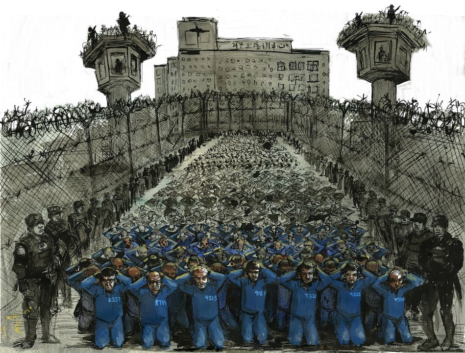 Illustration of detainees in Xinjiang kneeling outside in a courtyard of an internment camp, artwork by Molly Crabapple