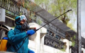 A worker disinfects streets in Damascus