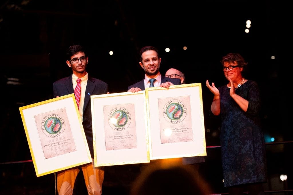 Saudi imprisoned human rights defenders Abdullah al-Hamid, Waleed Abu al-Khair and Mohammad Fahad al-Qahtani (not pictured) receive the Right Livelihood Award