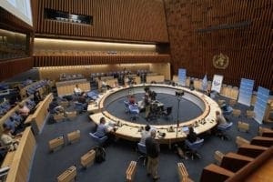 General view during a press conference of the World Health Organization (WHO) organised by the Geneva Association of United Nations Correspondents (ACANU) amid the COVID-19 outbreak, caused by the novel coronavirus, on July 3, 2020 at the WHO headquarters in Geneva. (Photo by Fabrice COFFRINI / POOL / AFP) (Photo by FABRICE COFFRINI/POOL/AFP via Getty Images)