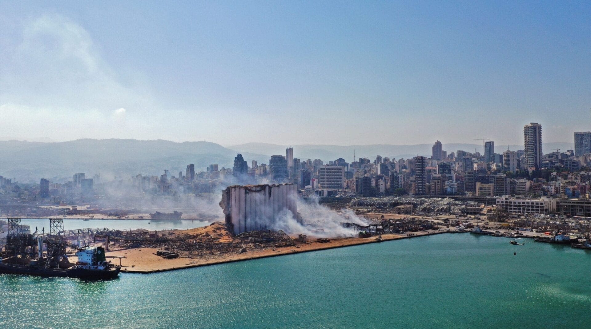 An aerial view shows the massive damage done to Beirut