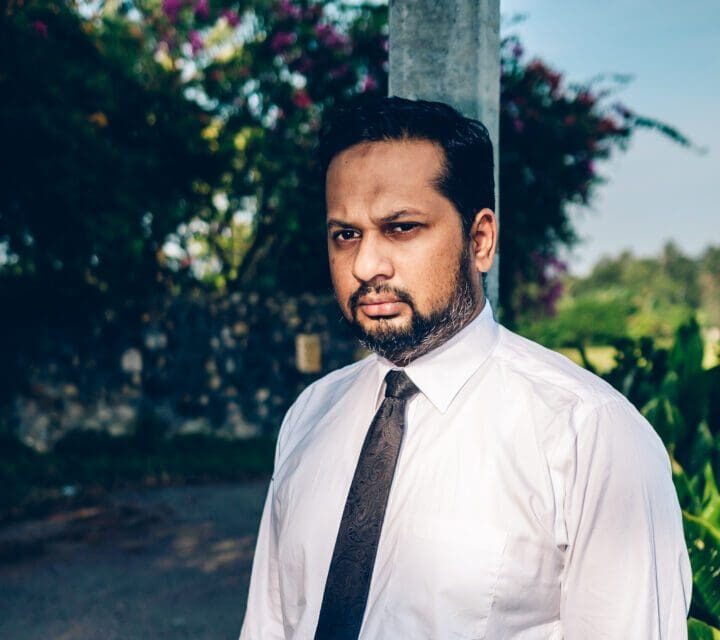Hejaaz Hizbullah, the lawyer representing the Ibrahims, outside his residence in Hokandara neighbourhood, Colombo.