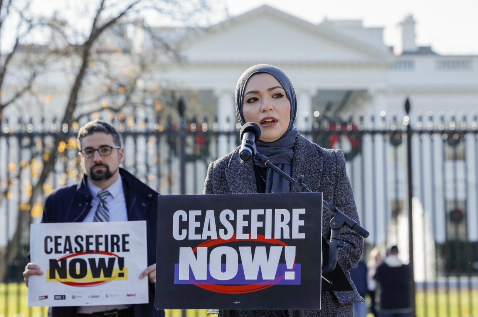 WASHINGTON, DC - NOVEMBER 29: Senior Campaign Manager at Amnesty International Isra Chaker speaks during a press conference on the delivery of close to 1 million supporters calling on President Biden to help bring about a ceasefire in Israel and Gaza at the White House on November 29, 2023 in Washington, DC. (Photo by Jemal Countess/Getty Images for MoveOn)