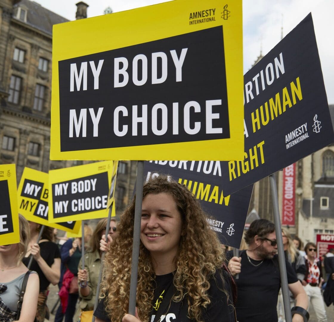 AMSTERDAM, NETHERLANDS - MAY 07: Thousands of people and human rights activists gather on the Dam Square to attend a rally for abortion rights worldwide on May 7, 2022 in Amsterdam, Netherlands. (Photo by Pierre Crom/Getty Images)