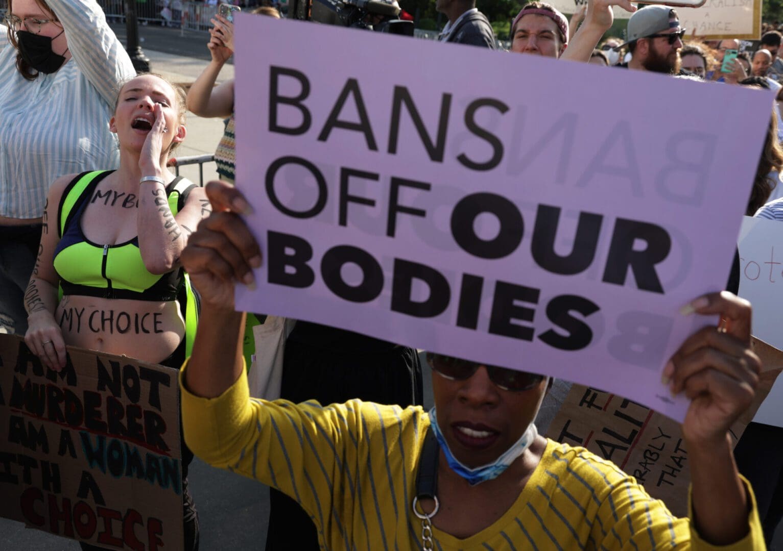 WASHINGTON, DC - MAY 03: Pro-choice activists protest during a rally in front of the U.S. Supreme Court in response to the leaked Supreme Court draft decision to overturn Roe v. Wade May 3, 2022 in Washington, DC. In a leaked initial draft majority opinion obtained by Politico and authenticated by Chief Justice John Roberts, Supreme Court Justice Samuel Alito wrote that the cases Roe v. Wade and Planned Parenthood of Southeastern Pennsylvania v. Casey should be overturned, which would end federal protection of abortion rights across the country. (Photo by Alex Wong/Getty Images)