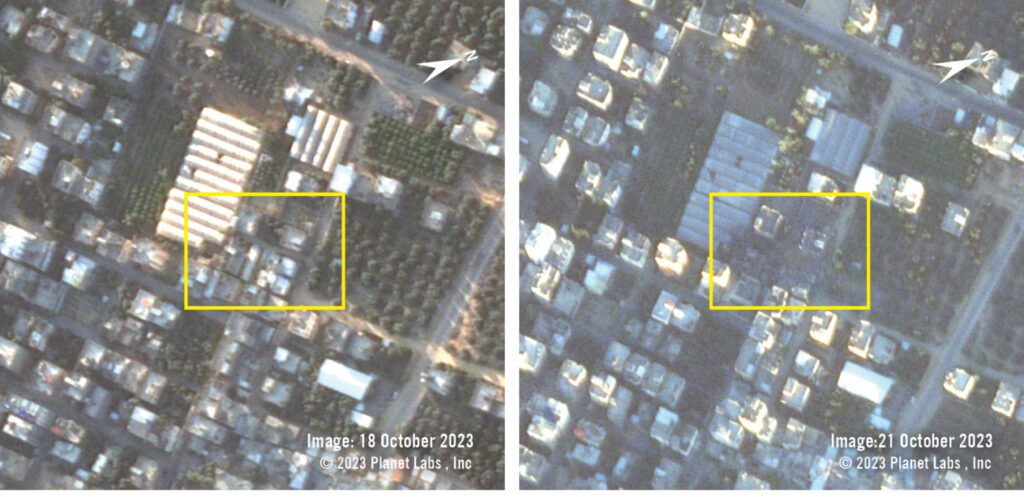 Satellite imagery shows the area on 18 October 2023, before the strike, and 21 October 2023, after the strike. The area and many of the structures appear to have sustained significant destruction.
