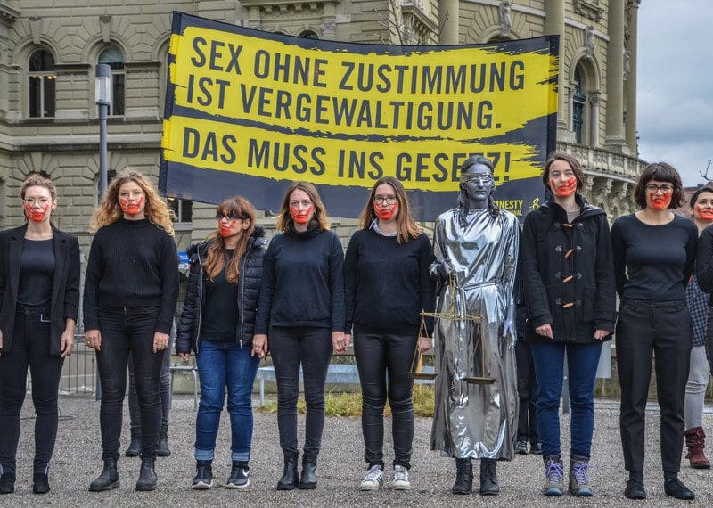 Activists handover a petition of 37,000 signatures to the Swiss Federal Chancellery calling for a revision of the outdated Swiss criminal law on sexual violence, notably to include a consent-based definition of rape.