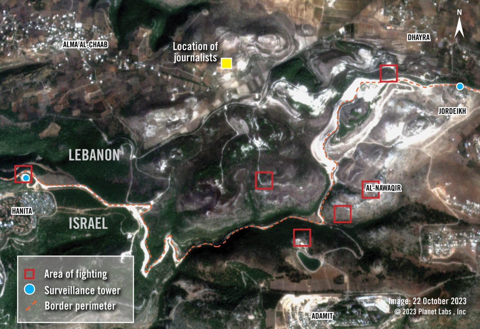 An overview image of the area shows the border perimeter, surveillance towers and areas of fighting recorded by the journalists before they were struck.
