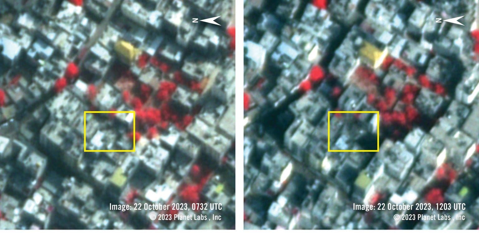 False colour, near-infrared satellite imagery from 22 October 2023, shows the area before (left) and after (right). Vegetation appears in reddish hues while the built up environment appears in shades of grey and yellow. The damaged area appears darker grey than before the event.