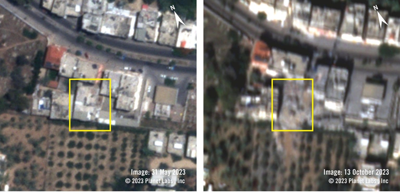 Satellite imagery from 31 May 2023 (left) shows the area before the destruction. On 13 October 2023 (right), satellite imagery shows the area of destruction. Lower resolution satellite imagery (not shown) confirms the destruction occurred between the mornings on 10 October and 13 October 2023.