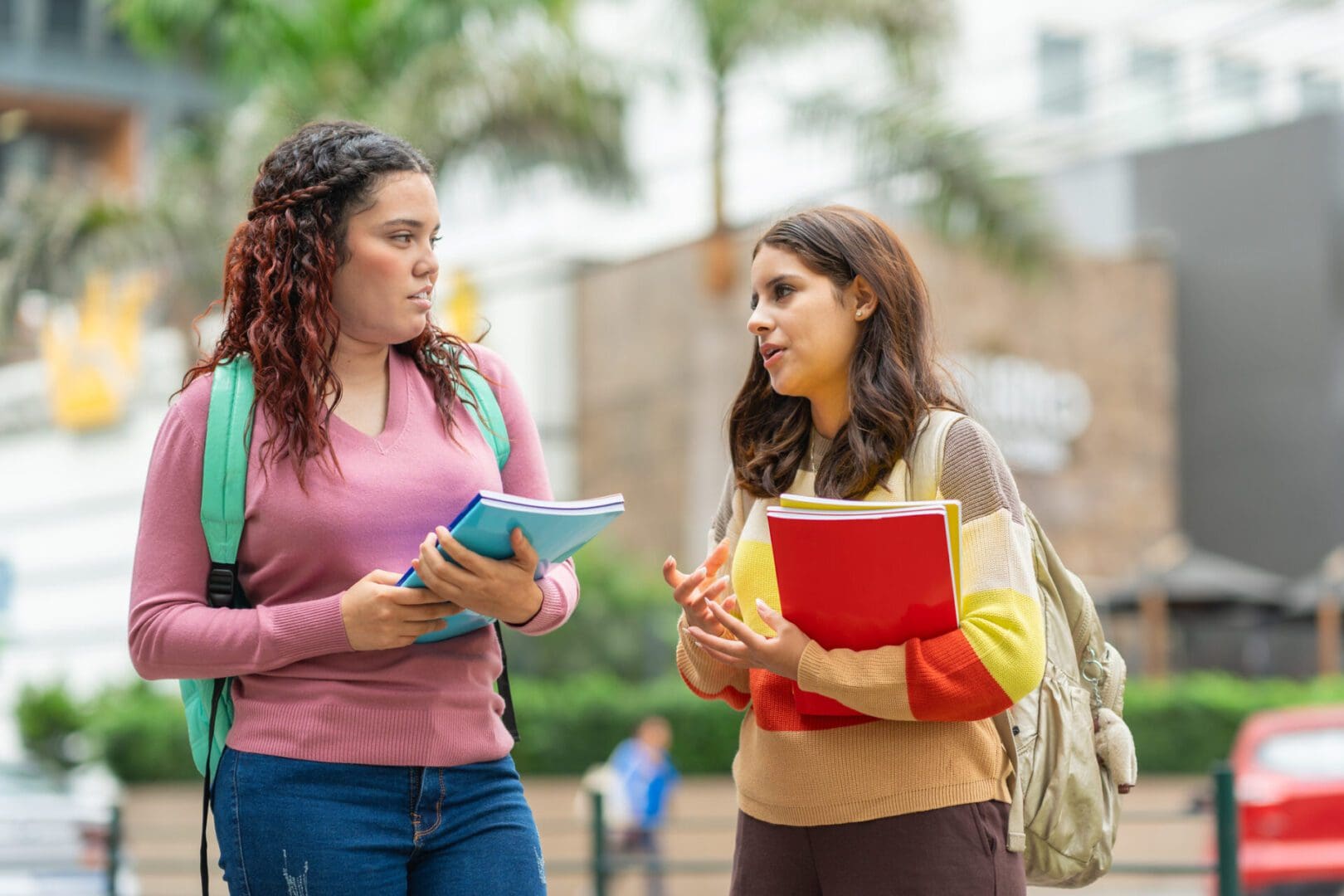 Portrait of two female serious students talking standing on the campus