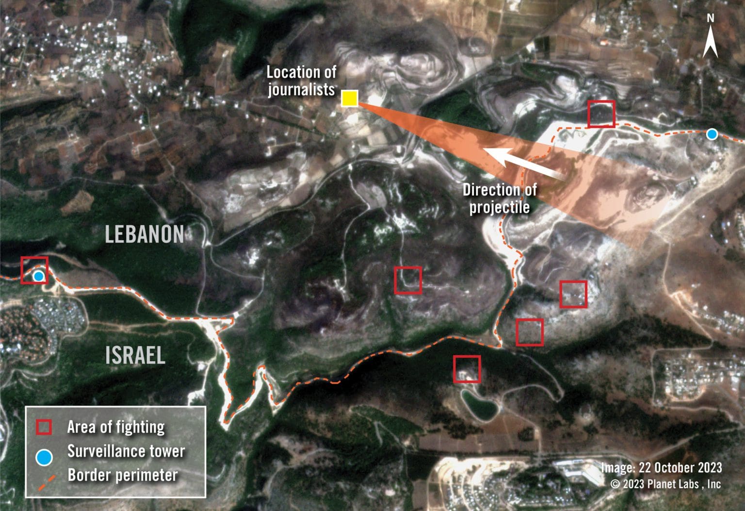 An overview image of the area shows the border perimeter, surveillance towers and areas of fighting recorded by the journalists before they were struck. The direction of the projectile and area from which it originated is also shown.