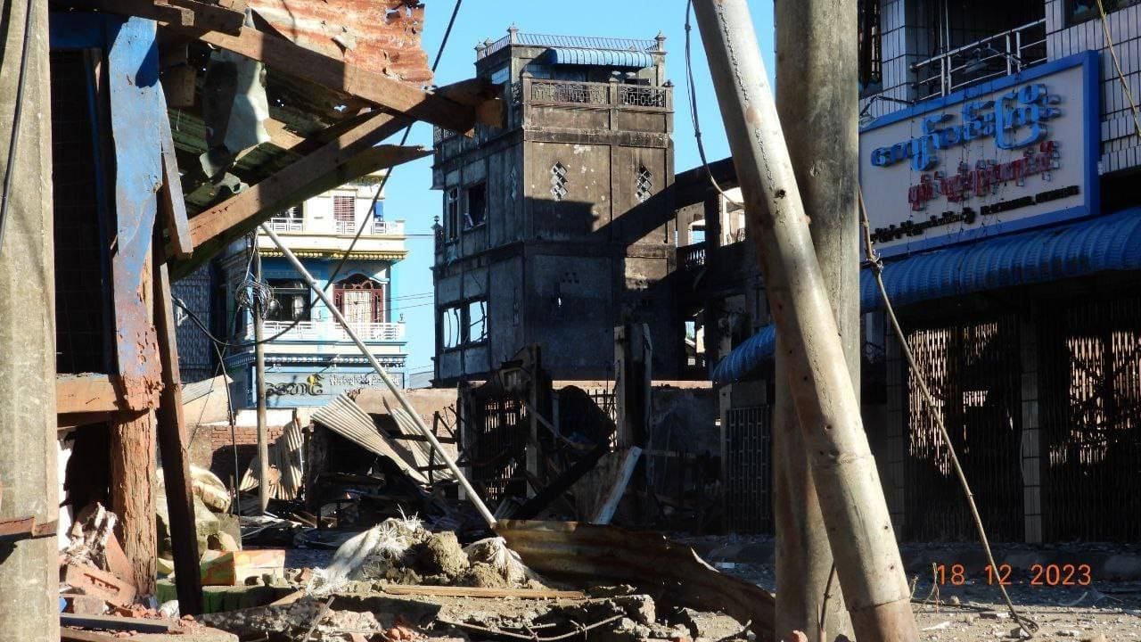 Damaged buildings in Pauktaw, Rakhine State, after weeks of fighting, 18 December 2023