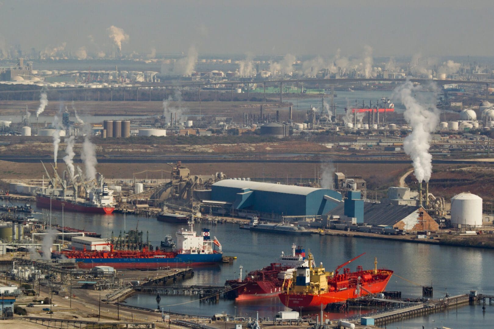 Industry along the Houston Ship Channel seen in an aerial view shot on Friday, Jan. 21, 2011, in Houston. ( Smiley N. Pool / Houston Chronicle ) (Photo by Smiley N. Pool/Houston Chronicle via Getty Images)