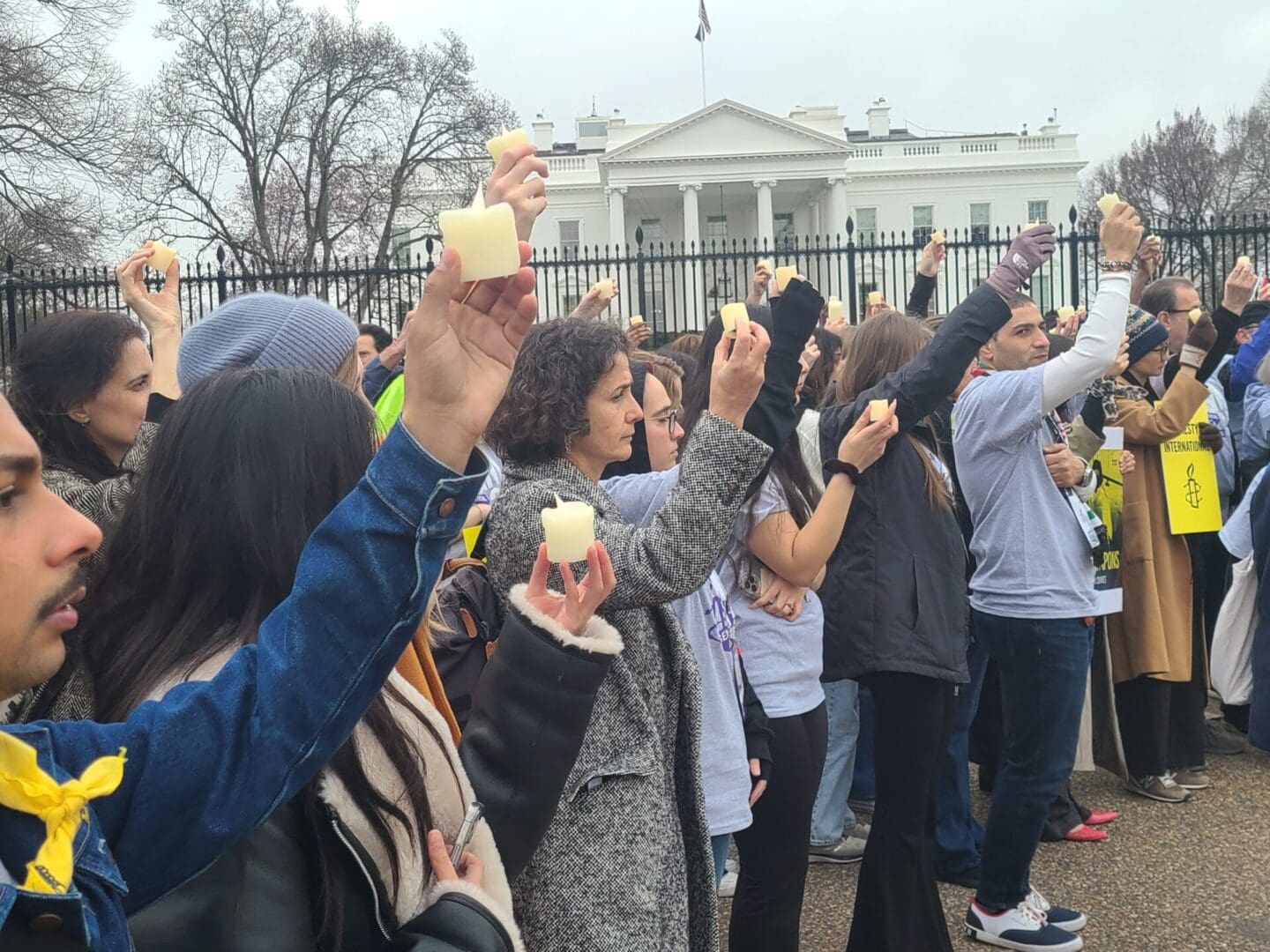 Executive Director Sylvie Brigot of Amnesty France (in gray coat) joins activists in front of the White House to demand that the U.S. government take a consistent approach on human rights. (Raina Fox)