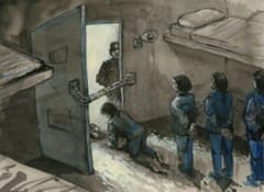 rendering of women exiting cell in internment camp