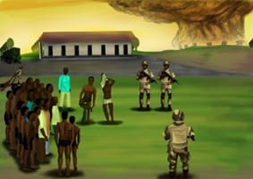Rendering of state security officials arresting and detaining men accused of affiliation with Boko Haram. (Fahad Hashmi/Amnesty International)
