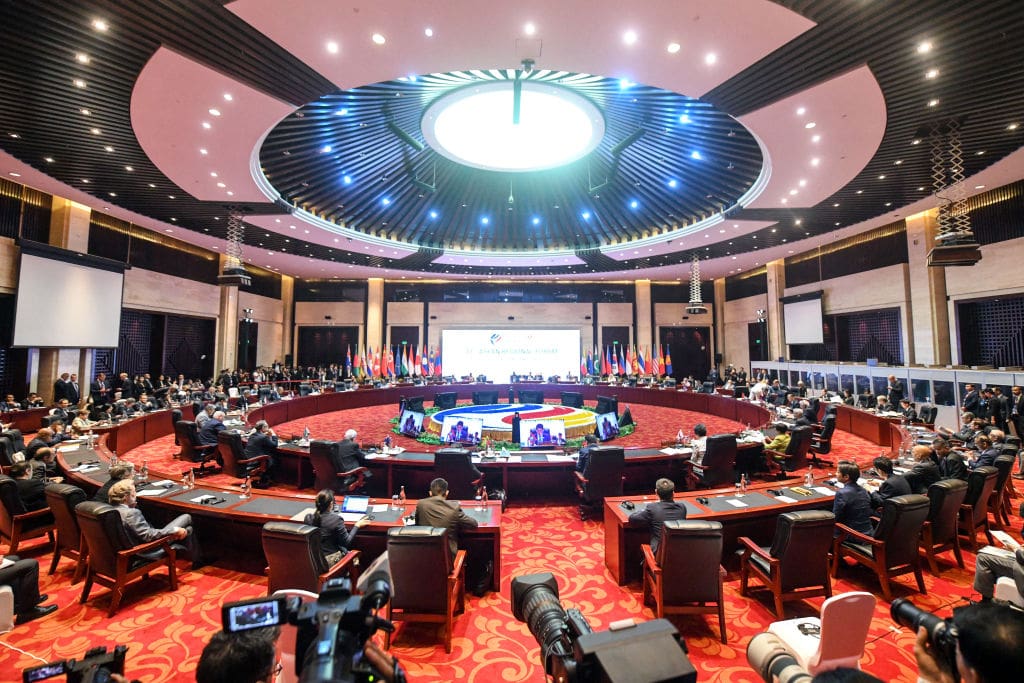 Diplomats take part in the 31st ASEAN Regional Forum at the 57th Association of Southeast Asian Nations (ASEAN) Foreign Ministers' Meeting in Vientiane on July 27, 2024. (Photo by Sai Aung MAIN / AFP) (Photo by SAI AUNG MAIN/AFP via Getty Images)