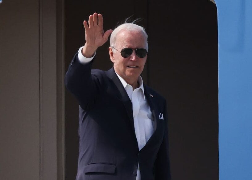 PYEONGTAEK, SOUTH KOREA - MAY 22: U.S. President Joe Biden waves as he boards Air Force One to leave Japan after his South Korea trip at Osan Air Force Base on May 22, 2022 in Pyeongtaek, South Korea. U.S. President Joe Biden and President Yoon Suk-yeol agreed to begin discussions on expanding joint military exercises between the two countries amid growing nuclear and missile threats from North Korea. (Photo by Kim Hong-Ji - Pool/Getty Images)
