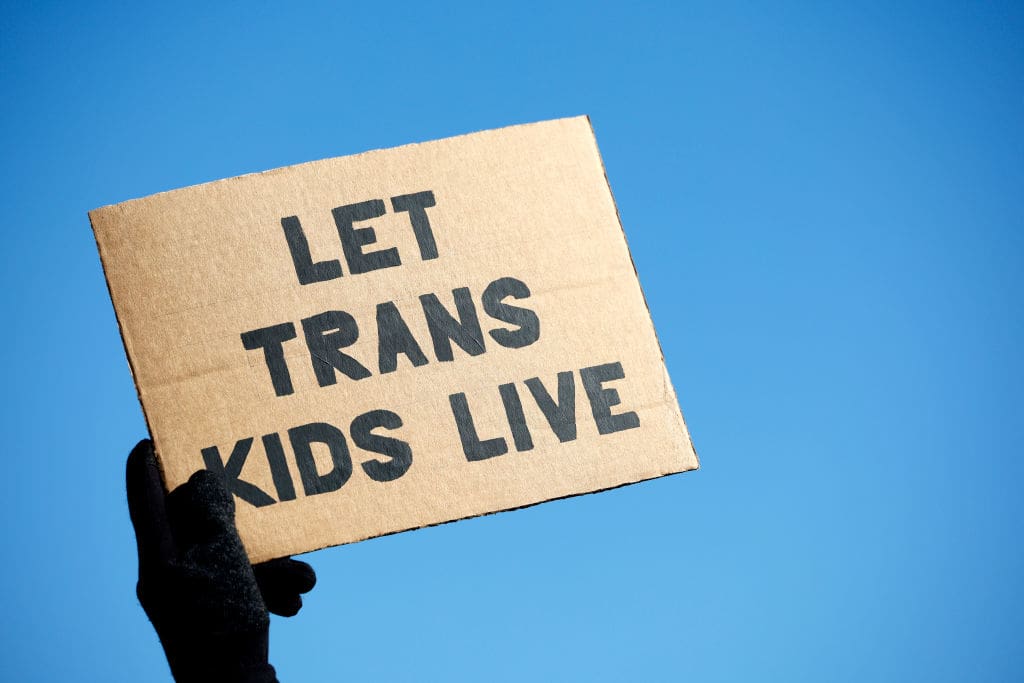 WASHINGTON, DC - DECEMBER 04: A transgender rights supporter takes part in a rally outside of the U.S. Supreme Court as the high court hears arguments in a case on transgender health rights on December 04, 2024 in Washington, DC. The Supreme Court is hearing arguments in US v. Skrmetti, a case about Tennessee's law banning gender-affirming care for minors and if it violates the Constitution’s equal protection guarantee. (Photo by Kevin Dietsch/Getty Images)