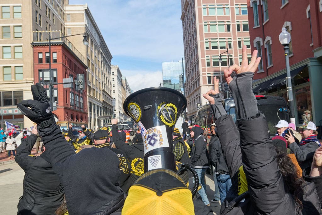 Members of the Proud Boys react to the second inauguration of Donald Trump as president in Washington D.C., Monday, January 20, 2025. (Photo by Dominic Gwinn / Middle East Images / Middle East Images via AFP) (Photo by DOMINIC GWINN/Middle East Images/AFP via Getty Images)