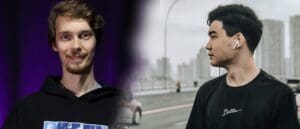 On the left, Aleksandr Aleksandrov, wearing a black hoodie and a goatie, smiles looking at the camera in front of a black background. On the right, Zhoomart Duulatov, wearing a black tshirt, looks off in the distance across a cityscape with an ear-pod inserted in one ear.