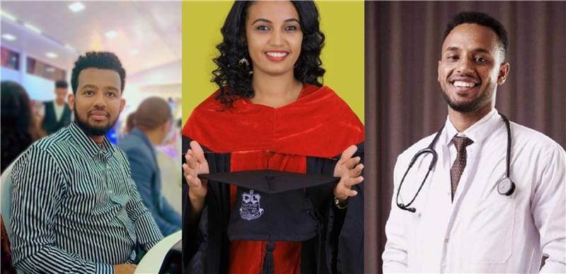 Three health care workers, a young man with a beard wearing a checkered button-down shirt, a young woman in a black and red graduation gown smiling and holding her graduation cap, and a young man smiling in a white lab coat and a tie with a stethoscope around his neck.