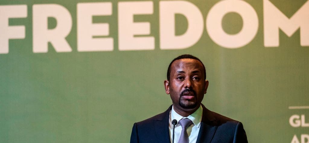 Abiy Ahmed, Prime Minister of Ethiopia, speaks during the Guillermo Cano World Press Freedom Prize ceremony in Addis Ababa, on May 2, 2019.
