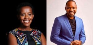 Agather Atuhaire, wearing a smile and a colorful printed shirt, poses for a portrait against a black background. Boniface Mwangi, also smiling, poses in a blue jacket and black shirt against a white background.