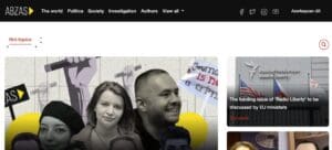 A screenshot shows the homepage of Abzas media, including photos of journalists with fists holding pens and the words