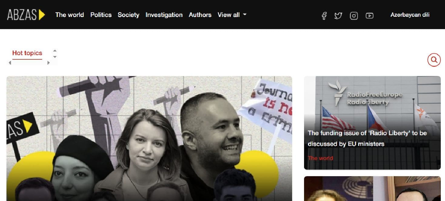 A screenshot shows the homepage of Abzas media, including photos of journalists with fists holding pens and the words 