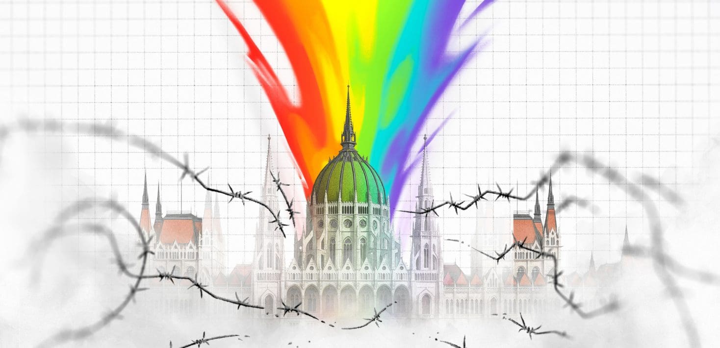 An illustration of Budapest's parliament building, with its domes and spires, warpped in barbed wire, with a rainbow shooting out of the dome.