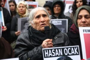 The photo shows Emine Ocak, mother of Hasan Ocak, who was disappeared in 1995 at age 23. The longstanding peaceful vigil known as the ‘Saturday Mothers’ vigil first started as a response to the hundreds of reported cases of enforced disappearances during the 1980s and 1990s by relatives of people who were forcibly disappeared and to protest against the prevalent impunity for grave human rights violations of the day. The exact circumstances of the disappearances in the vast majority of cases are still unknown, including the fate and whereabouts of hundreds of victims, and those responsible have not been brought to justice. Saturday Mothers have held 699 peaceful gatherings since May 1995. During this time, many participants have faced intimidation, harassment, excessive use of force, arbitrary detention and unjust prosecution. In 1999, as a result, the organizers decided to stop holding the weekly vigils, which resumed in 2009 to continue with their demand of truth, justice and reparations for all cases of enforced disappearances. On 25 August, police in Istanbul used unnecessary and excessive force, including tear gas, plastic bullets and water cannons, to disperse participants of a weekly vigil- known as the ‘Saturday Mothers vigil’- held for victims of enforced disappearance. The longstanding protest was marking its 700th week since it was first held in 1995. Scores of participants, including elderly relatives of people who were forcibly disappeared, were ill-treated and 47 people were detained before being released from police custody later that day.