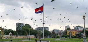 The Cambodian flag waves atop a flagpole at dawn surrounded by flying pigeons in a grassy park with buildings on the horizon.