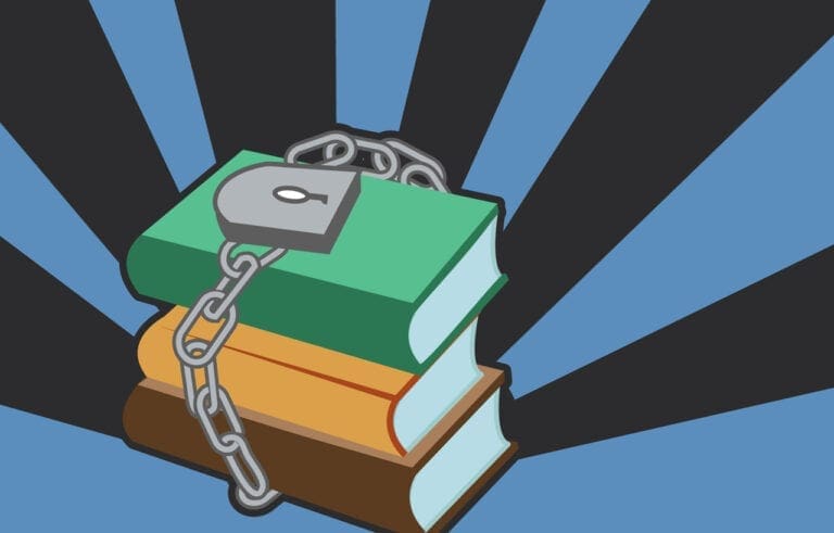 graphic of lock and chain around a stack of books