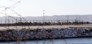 A line of people stand by a tall fence, seen through barbed wire, by the sea and in front of low mountains at dawn.