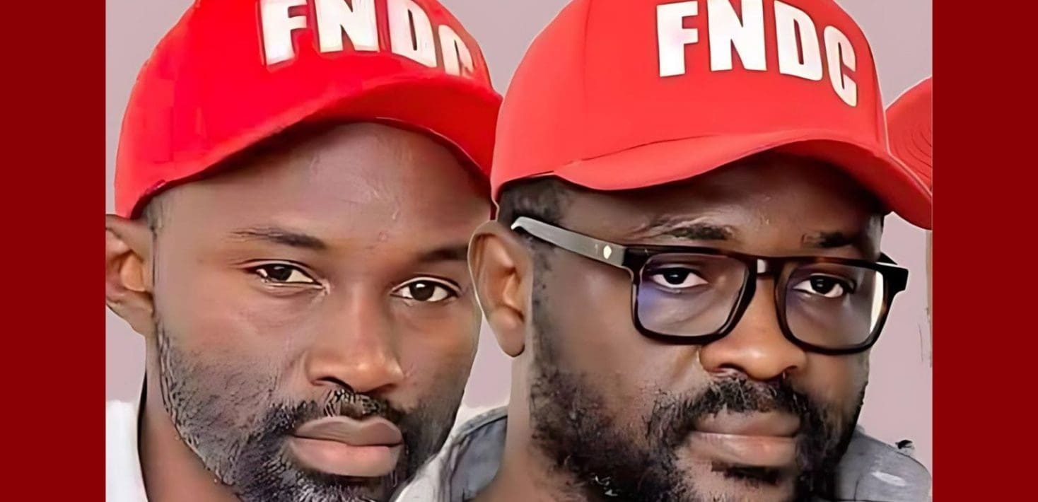 Close up photos of Oumar Sylla and Mamadou Billo, wearing red hats with FNDC in white letters.