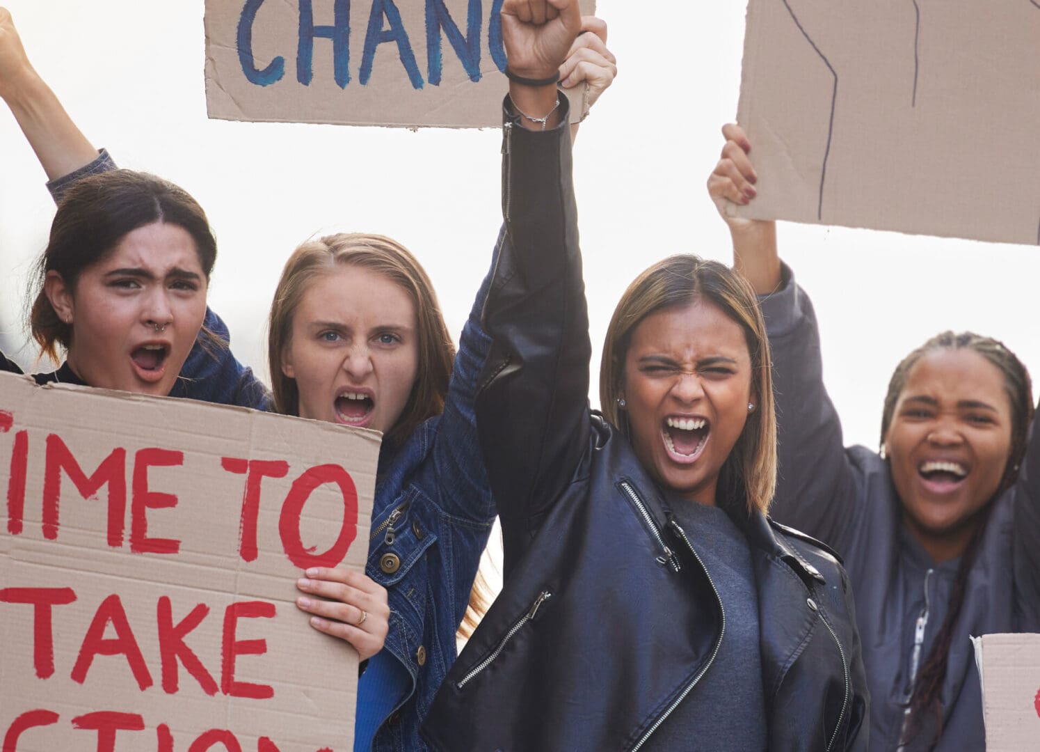 Protest, poster and angry diversity women rally for equality, human rights support or racism. Students cardboard banner, justice crowd portrait and community people fight for USA abortion law change