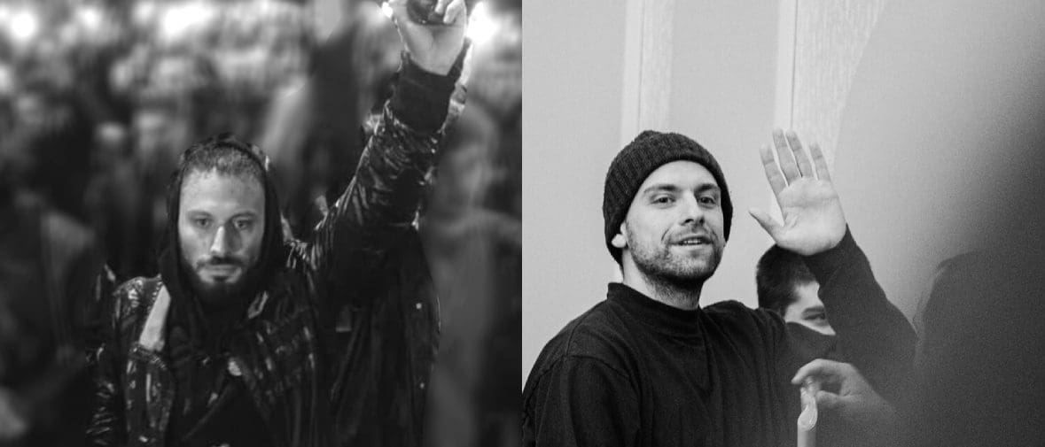 On the left, an black and white image of Saba Skhvitaridze, wearing a dark raincoat and hood, holding his left arm in the air with his hand clenched in a fist, in front of a blurry crowd of people. On the right, a black and white image of Andro Chichinadze in a black turtleneck and knit hat, waving to someone across the room, with a slight smile on his face.