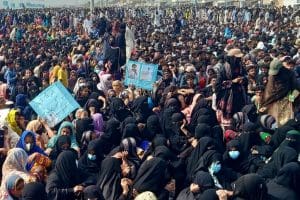 A large group from the Baloch community at a protest demanding their rights in Pakistan.