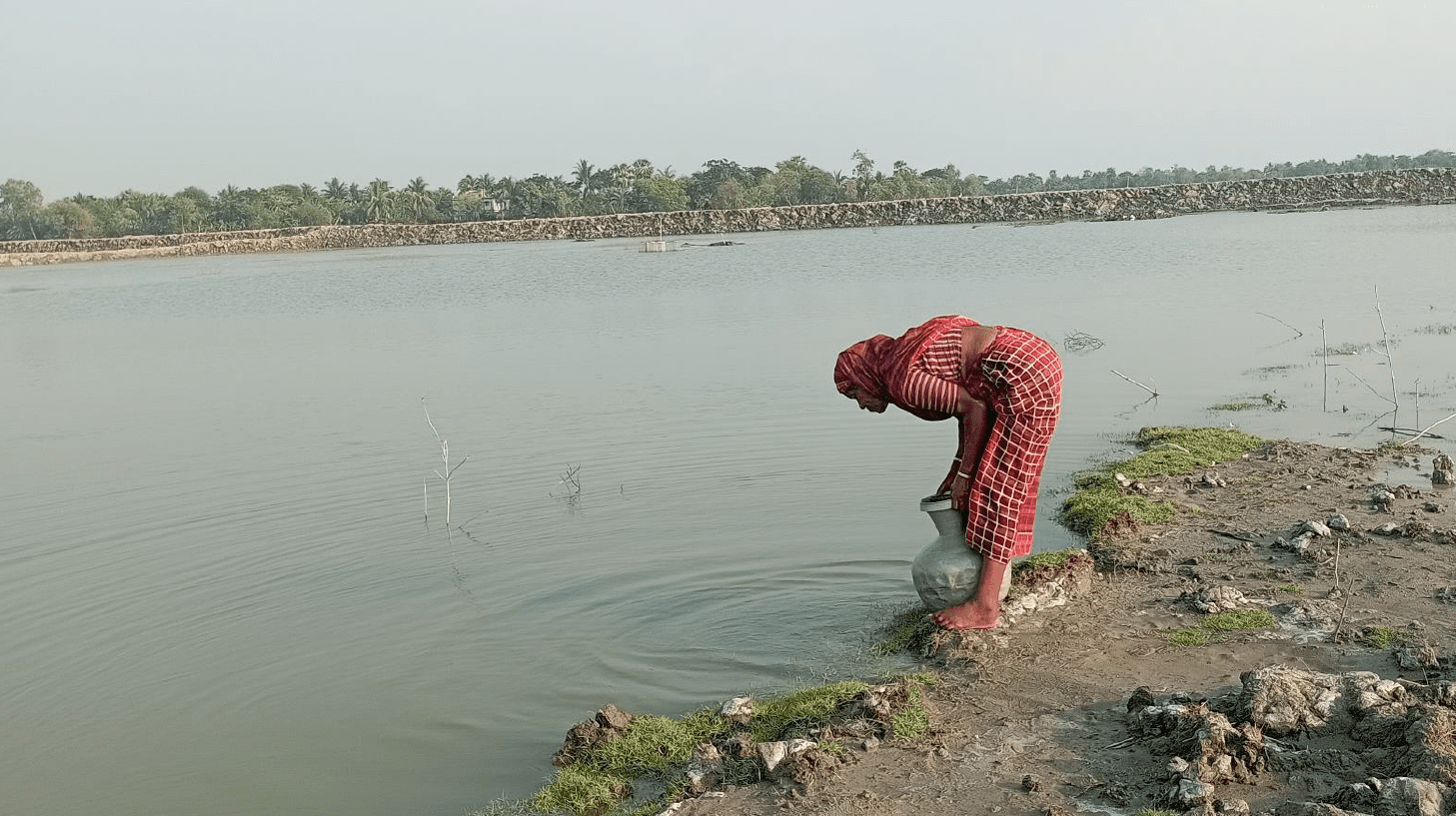 Sanitation worker collecting water in a Kolshi (vessels) from a gher (open water source) close to her household in Ashashuni, Satkhira, May 2025