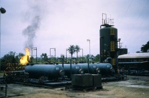 Close up of oil tanks in Shell's Kora Kora Oil Field in Nigeria