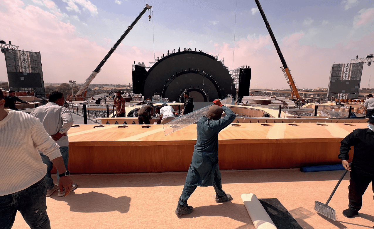 Migrant workers are seen at a construction site near Riyadh on 3 March 2024