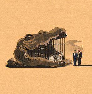 illustration of detainees in a jail resembling an alligator head