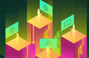 An image of screens and people connected through bright yellow lines.