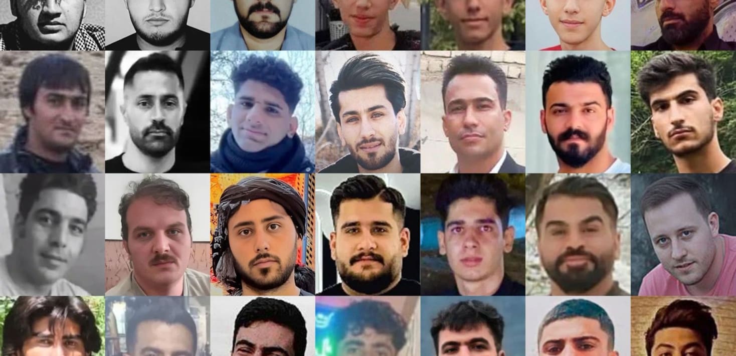 A collage of individual photos of 28 people killed by Iranian security forces between December 31, 2025 and January 3, 2026 during crackdowns against protesters in Iran. 