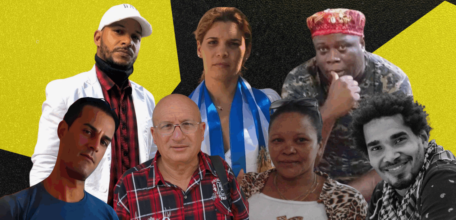 A collage of portraits of prisoners of conscience in Cuba, in front of a yellow and black background.